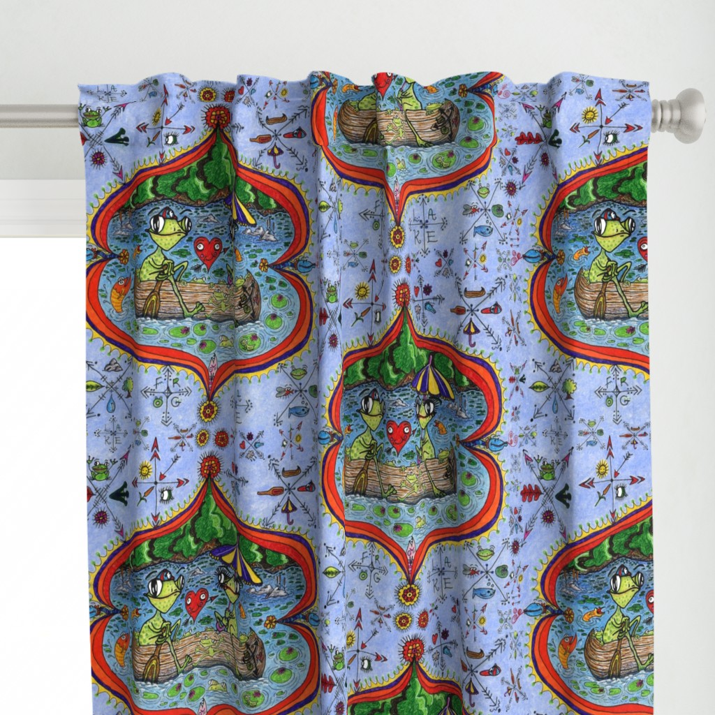 surreal lake life: frog love wallpaper, jumbo large scale, damask red orange yellow green blue indigo violet cabincore colorful canoe quirky compass rose