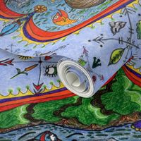 surreal lake life: frog love wallpaper, jumbo large scale, damask red orange yellow green blue indigo violet cabincore colorful canoe quirky compass rose