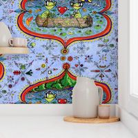 surreal lake life: frog love wallpaper, jumbo large scale, damask red orange yellow green blue indigo violet cabincore colorful canoe quirky compass rose