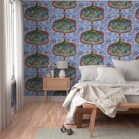 surreal lake life: frog love wallpaper, jumbo large scale, damask red orange yellow green blue indigo violet cabincore colorful canoe quirky compass rose