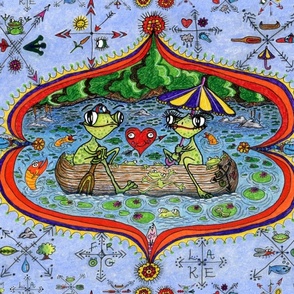 surreal lake life: frog love wallpaper, jumbo large scale, damask red orange yellow green blue indigo violet cabincore colorful canoe quirky compass rose