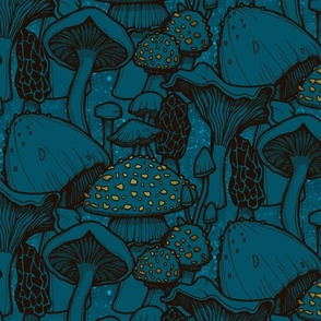 Glowing  comic style Mushrooms toadstool blue gold