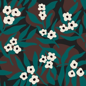 Dark Florals - Modern Whimsy Florals White Teal Brown Black