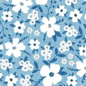 Hanna Floral, Blue and White (Medium) - flowers, leaves and branches