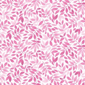 Watercolor Leaves Wallpaper in Hot Pink on White Small Scale