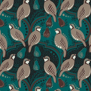 Partridge and Pear Tree in Night Swim Molasses Black Mountain Paisley Ogee