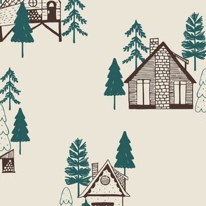 Cozy Cabins in the woods |Brown, Green, and Cream| Detailed line art sketch style