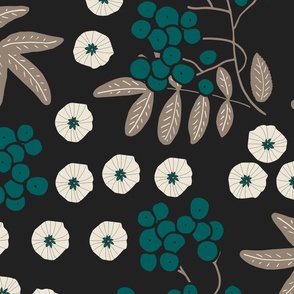(XL) emerald green rowan berries with brown leaves and white flowers on black