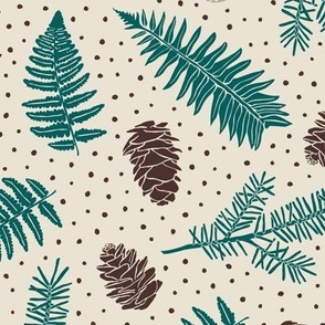 Ferns & Pine Cones - Large - Panna Cotta Cream & Night Swim Teal Multi - Festive Forest