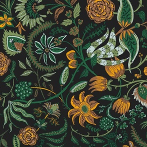 Mari Palampore Floral - Black, Orange and Green - 24 inch repeat