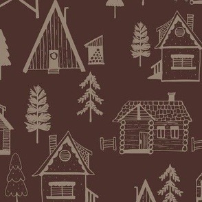 Cozy Cabins in the woods |Brown and Cream| Detailed line art sketch style