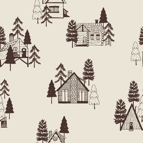 Cozy Cabins in the woods |Brown and Cream| Detailed line art sketch style | simple
