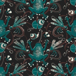 Nightly Frog Pond Damask in green and brown on black background