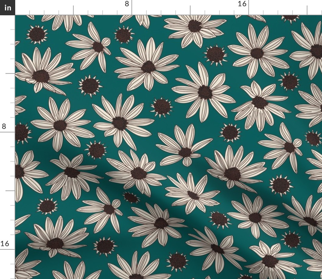 Summer’s End helianthus floral XL scale in teal by Pippa Shaw