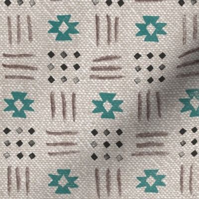 Mudcloth Stars on Natural Chambray Cotton (xl scale) | Geometric block print stars, natural cotton, taupe, rustic, geometric print, natural decor, neutrals.