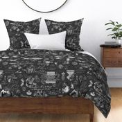 Steampunk Rose Romance Dramatic Baroque Floral Goth Pattern Grey White Large Scale