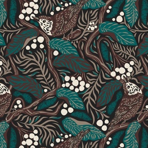 vivid forest | East Fork Forest Birds  | maximalist decor Earthy autumnal tones: Night Swim, Molasses, Morel and Black Mountain | Teal green, Deep cool brown, Charcoal black Gold taupe and white cream | woodland moody dark forest - white berries | Extra L