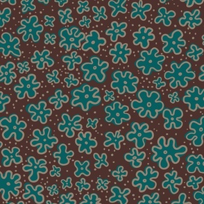 Teal Flowers and Dots on Brown