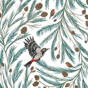 Pineta: Pine Forest with Branches, Pine Cones, Woodpeckers and Robins