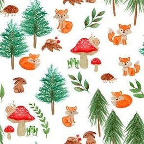 watercolor woodland forest featuring foxes, frogs, snails, bunnies and hedgehogs / small / whimsical nursery for baby boy