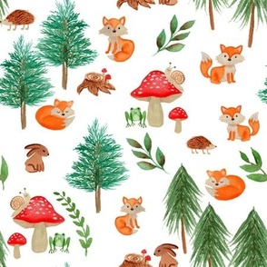 watercolor woodland forest featuring foxes, frogs, snails, bunnies and hedgehogs / medium/ whimsical nursery for baby boy