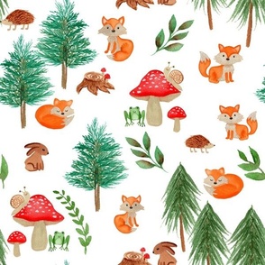 watercolor woodland forest featuring foxes, frogs, snails, bunnies and hedgehogs / large/ whimsical nursery for baby boy