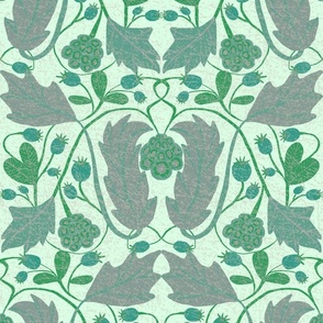  Seamless design with blackberries, large leaves in gray-green shades.