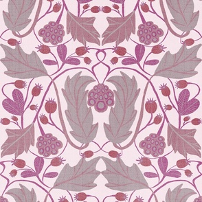   Seamless pattern with blackberries and leaves on a pink background