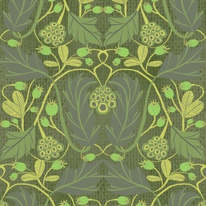  Seamless pattern with blackberries and leaves on a gray-yellow background