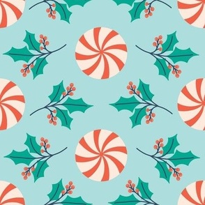 Vintage Peppermint Candies and Holly and Berries - Sky Blue - Larger Scale