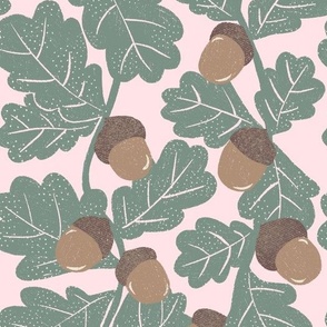 Hand-Drawn Acorn and Leaf Nature Themed Print with Texture on A Blush Pink Ground Color_Large