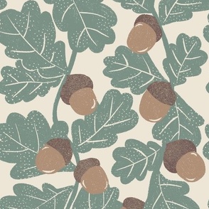 Hand-Drawn Acorn and Leaf Nature Themed Print with Texture on A Cream Ground Color_Large