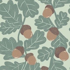 Hand-Drawn Acorn and Leaf Nature Themed Print with Texture on A Mint Green Ground Color_Large