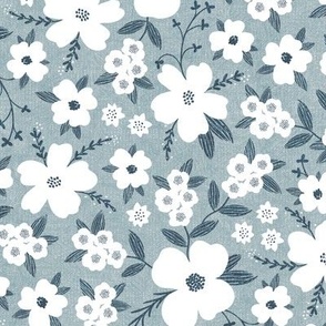 Hanna Floral, Gray and White (Medium) - flowers, leaves and branches