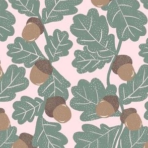 Hand-Drawn Acorn and Leaf Nature Themed Print with Texture on A Blush Pink Ground Color_Small