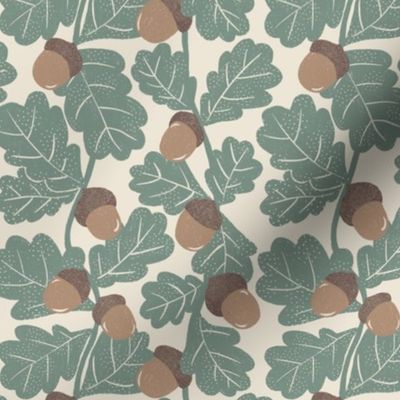 Hand-Drawn Acorn and Leaf Nature Themed Print with Texture on A Cream Ground Color_Small