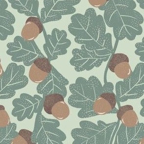 Hand-Drawn Acorn and Leaf Nature Themed Print with Texture on A Mint Green Ground Color_Small
