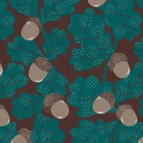 Hand-Drawn Acorn and Leaf Nature Themed Print with Texture on A Molasses Brown Ground Color_Small