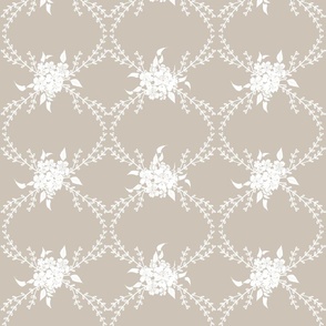 Gorgeous Greige with White, Traditional Floral Trellis Vine Bouquet Print, Larger Scale
