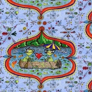 surreal lake life: frog love wallpaper, medium large scale, damask red orange yellow green blue indigo violet cabincore colorful canoe quirky compass rose