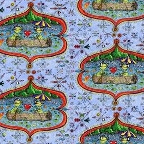 surreal lake life: frog love wallpaper, small scale, damask red orange yellow green blue indigo violet cabincore colorful canoe quirky compass rose