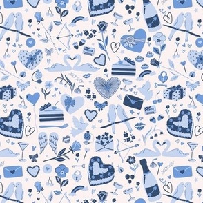 Valentines Menagerie in Blue and White - Love birds, hearts, chocolates, roses and more (Small)