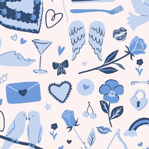 Valentines Menagerie in Blue and White - Love birds, hearts, chocolates, roses and more (Jumbo)
