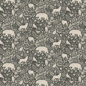 Woodland Forest Night - wolf, bear, fox, owl, rabbit, squirrel, crow, moth, snake - wildflowers - dark charcoal black and cream - small