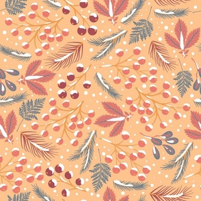 Winter leaves and berries. Apricot warm background