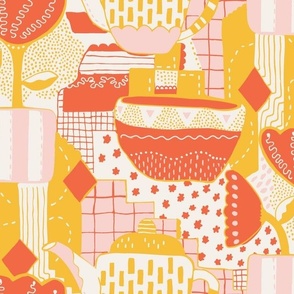 Large - Yellow and pastel pink kitchen wallpaper design - Spring home, Spring kitchen, teapot, tulip in pot