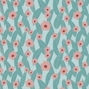 pink floral with aqua leaves