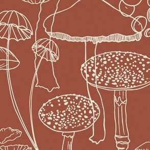 Sketchy Mushrooms on Brick Red - Large