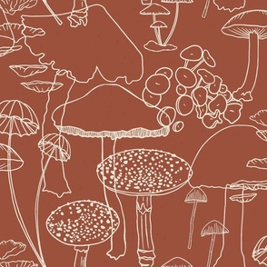 Sketchy Mushrooms on Brick Red