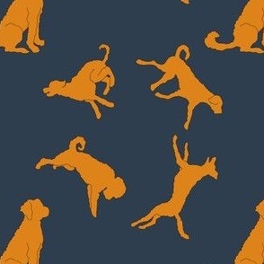 Red doodle silhouettes, navy background